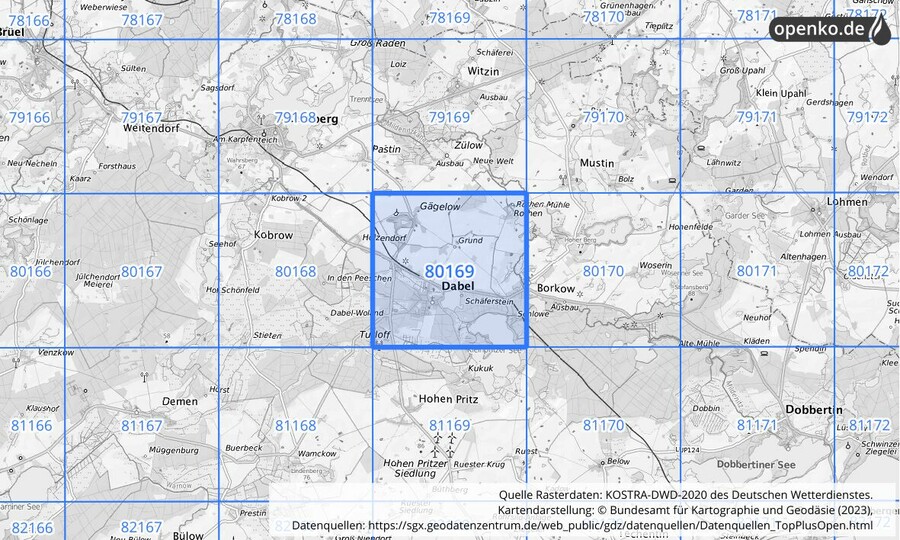 Übersichtskarte des KOSTRA-DWD-2020-Rasterfeldes Nr. 80169