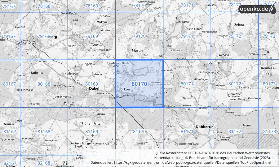 Übersichtskarte des KOSTRA-DWD-2020-Rasterfeldes Nr. 80170