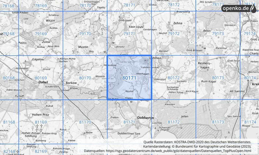 Übersichtskarte des KOSTRA-DWD-2020-Rasterfeldes Nr. 80171