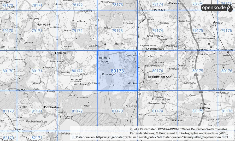 Übersichtskarte des KOSTRA-DWD-2020-Rasterfeldes Nr. 80173