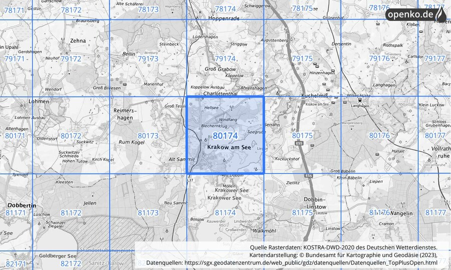 Übersichtskarte des KOSTRA-DWD-2020-Rasterfeldes Nr. 80174