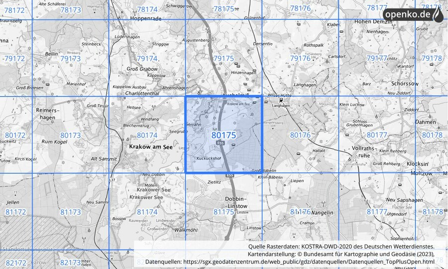 Übersichtskarte des KOSTRA-DWD-2020-Rasterfeldes Nr. 80175