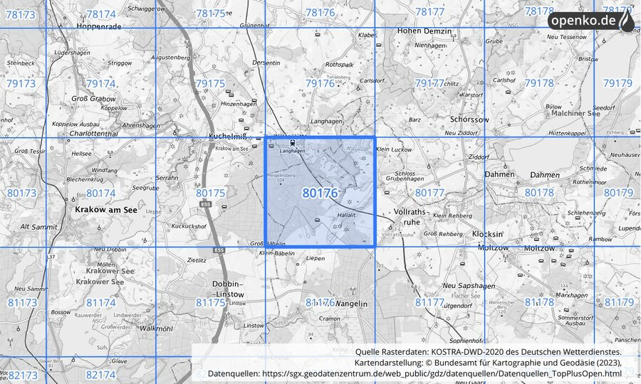 Übersichtskarte des KOSTRA-DWD-2020-Rasterfeldes Nr. 80176