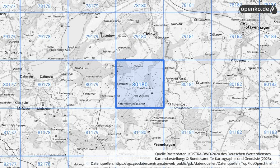 Übersichtskarte des KOSTRA-DWD-2020-Rasterfeldes Nr. 80180