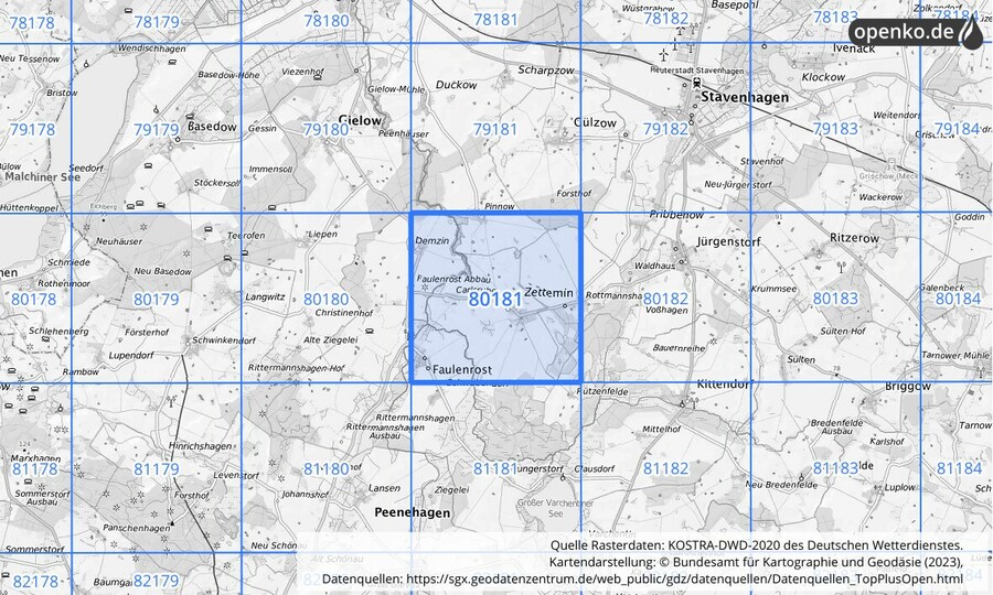 Übersichtskarte des KOSTRA-DWD-2020-Rasterfeldes Nr. 80181