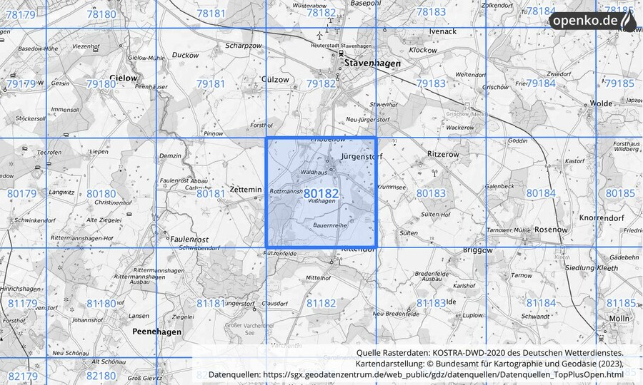 Übersichtskarte des KOSTRA-DWD-2020-Rasterfeldes Nr. 80182