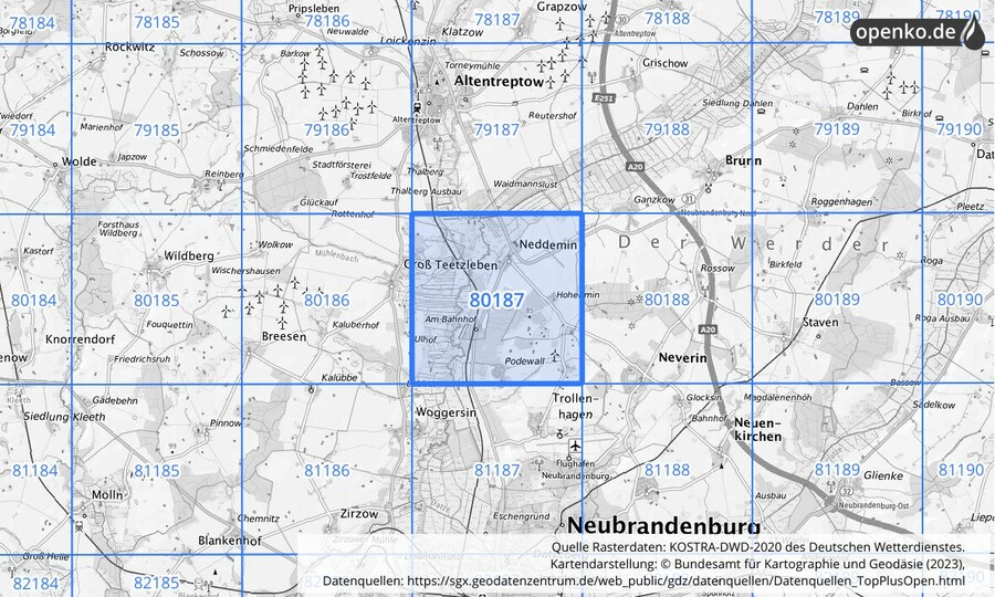 Übersichtskarte des KOSTRA-DWD-2020-Rasterfeldes Nr. 80187