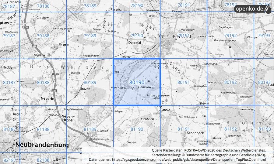 Übersichtskarte des KOSTRA-DWD-2020-Rasterfeldes Nr. 80190
