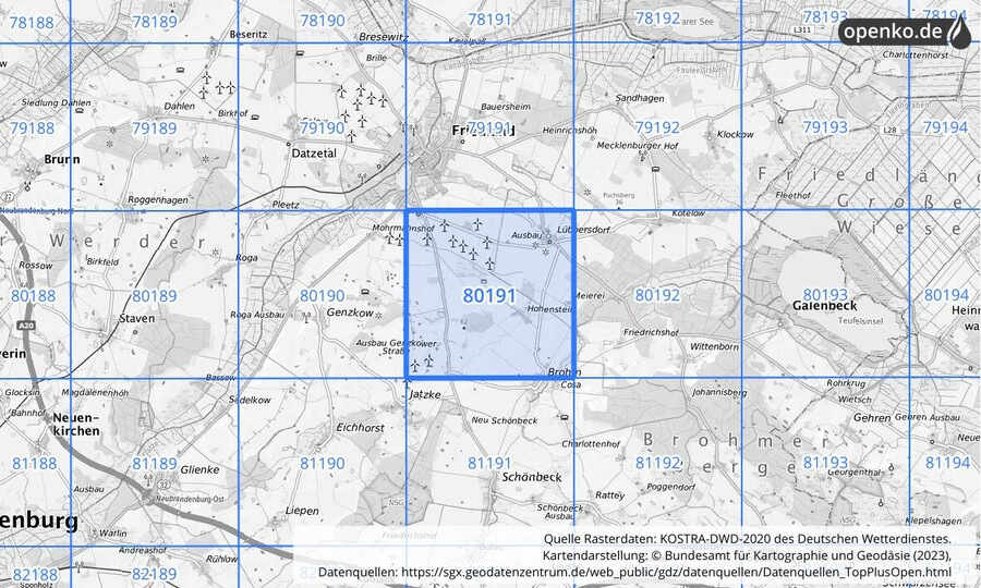 Übersichtskarte des KOSTRA-DWD-2020-Rasterfeldes Nr. 80191