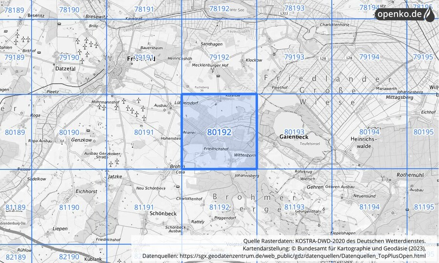 Übersichtskarte des KOSTRA-DWD-2020-Rasterfeldes Nr. 80192