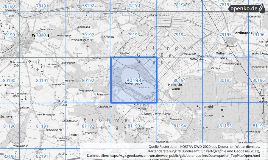 Übersichtskarte des KOSTRA-DWD-2020-Rasterfeldes Nr. 80193