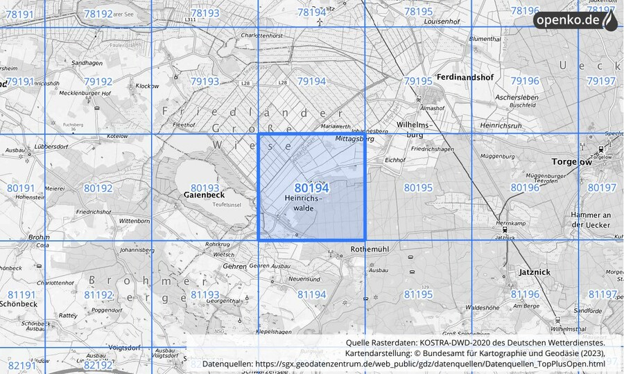 Übersichtskarte des KOSTRA-DWD-2020-Rasterfeldes Nr. 80194