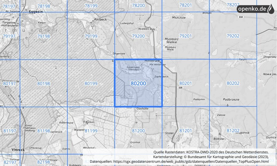 Übersichtskarte des KOSTRA-DWD-2020-Rasterfeldes Nr. 80200