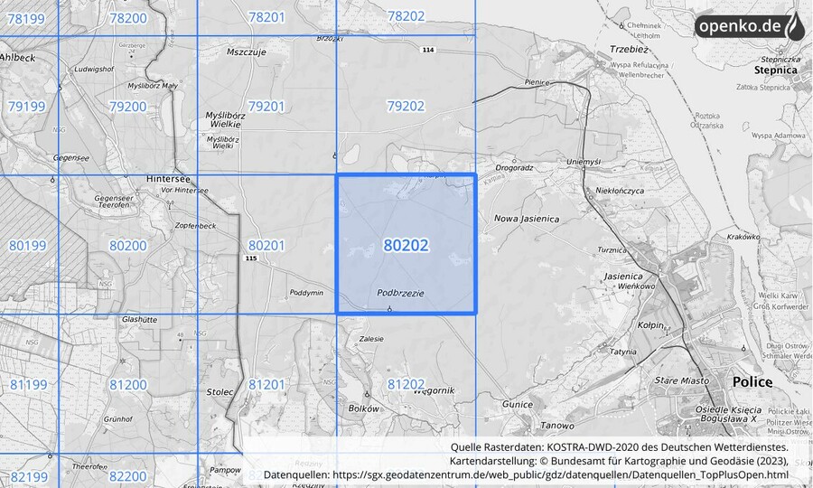 Übersichtskarte des KOSTRA-DWD-2020-Rasterfeldes Nr. 80202