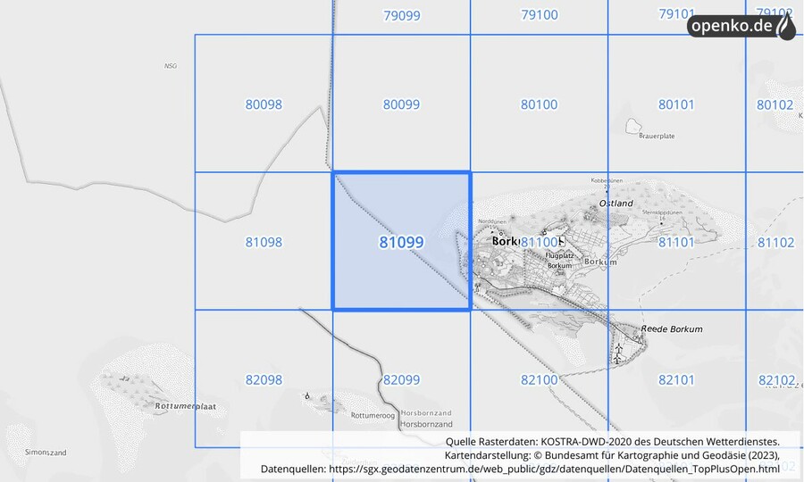 Übersichtskarte des KOSTRA-DWD-2020-Rasterfeldes Nr. 81099