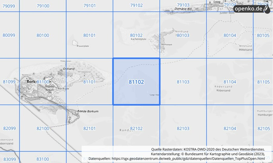 Übersichtskarte des KOSTRA-DWD-2020-Rasterfeldes Nr. 81102