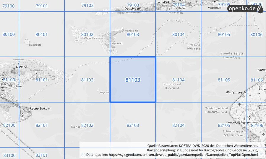 Übersichtskarte des KOSTRA-DWD-2020-Rasterfeldes Nr. 81103