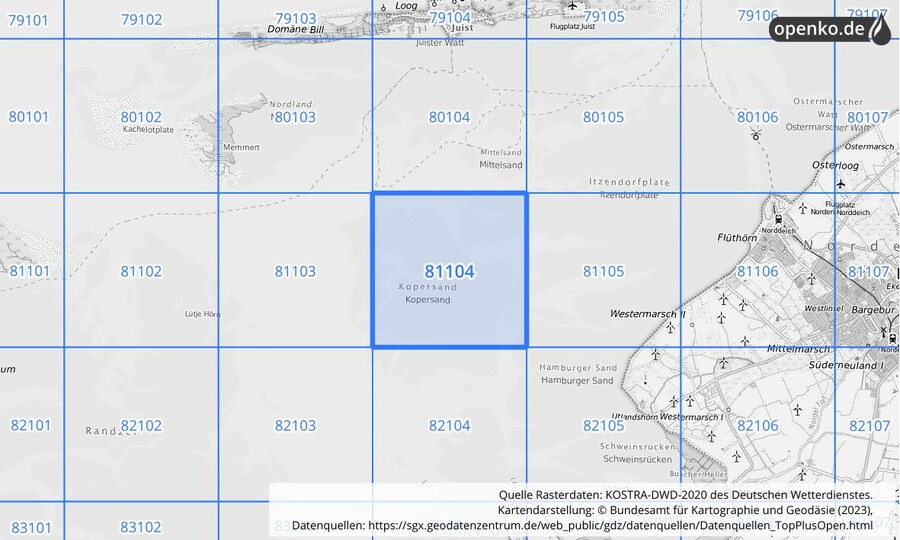 Übersichtskarte des KOSTRA-DWD-2020-Rasterfeldes Nr. 81104