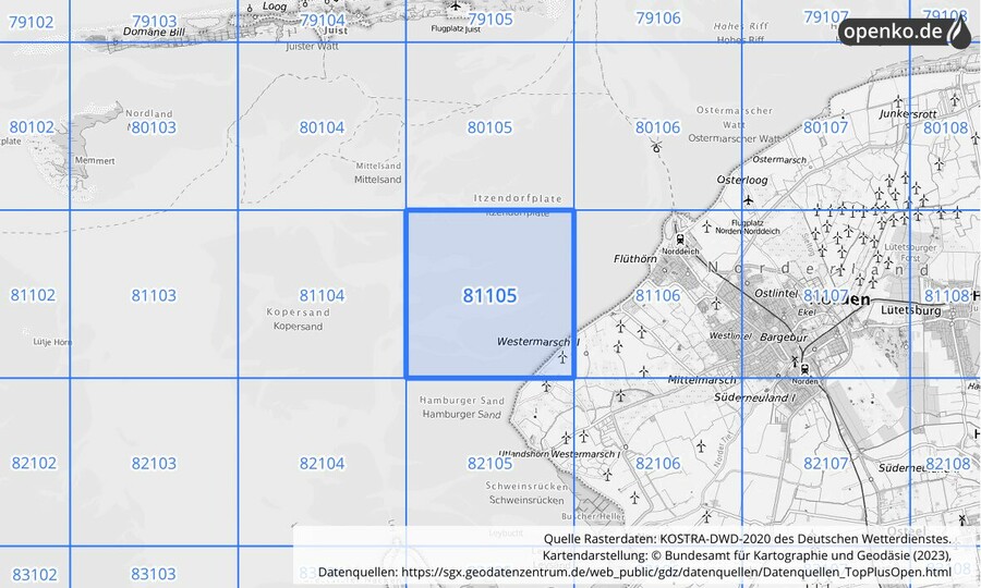 Übersichtskarte des KOSTRA-DWD-2020-Rasterfeldes Nr. 81105