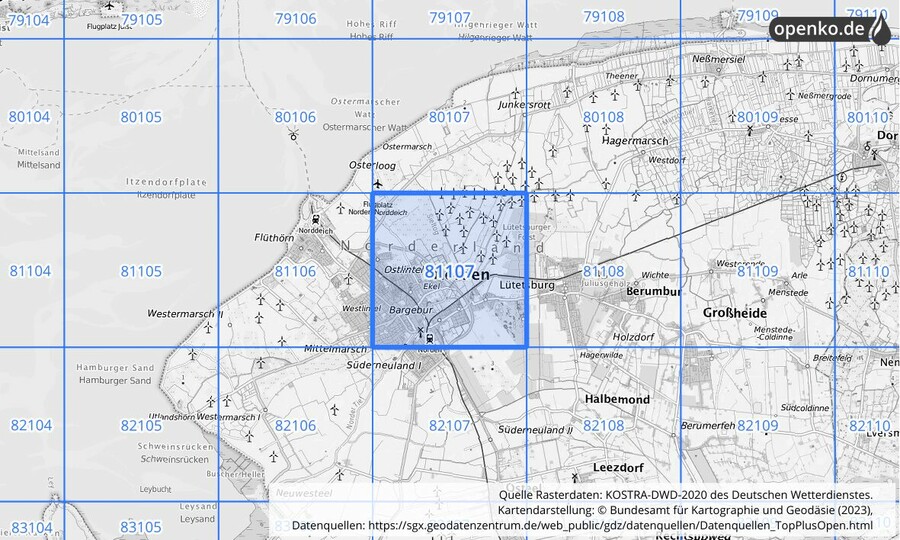 Übersichtskarte des KOSTRA-DWD-2020-Rasterfeldes Nr. 81107