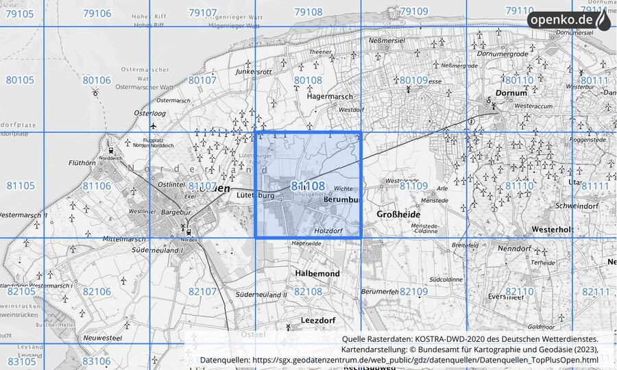 Übersichtskarte des KOSTRA-DWD-2020-Rasterfeldes Nr. 81108