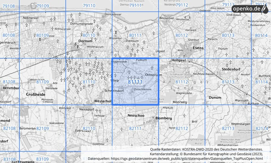 Übersichtskarte des KOSTRA-DWD-2020-Rasterfeldes Nr. 81111