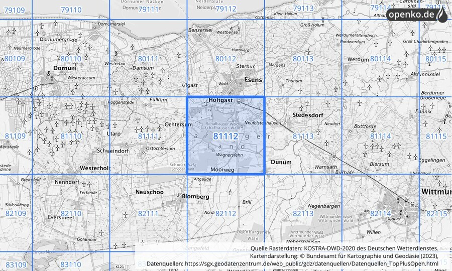 Übersichtskarte des KOSTRA-DWD-2020-Rasterfeldes Nr. 81112