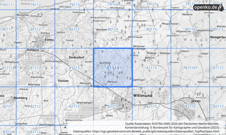 Übersichtskarte des KOSTRA-DWD-2020-Rasterfeldes Nr. 81114