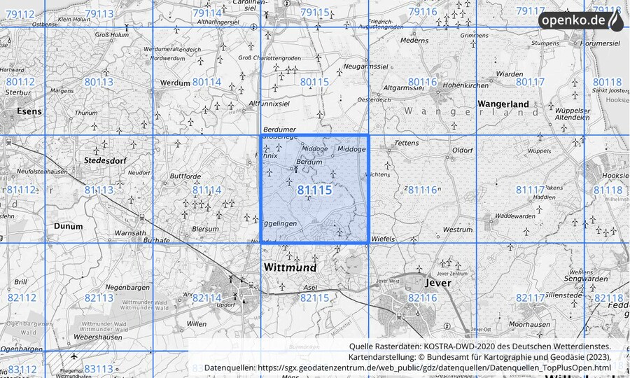 Übersichtskarte des KOSTRA-DWD-2020-Rasterfeldes Nr. 81115
