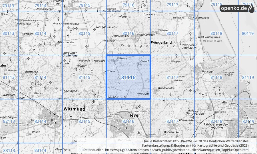 Übersichtskarte des KOSTRA-DWD-2020-Rasterfeldes Nr. 81116