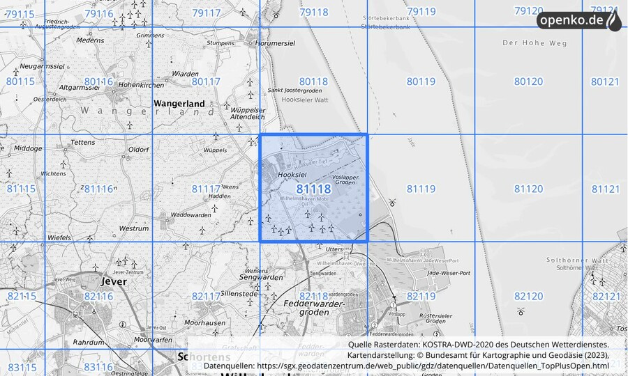 Übersichtskarte des KOSTRA-DWD-2020-Rasterfeldes Nr. 81118