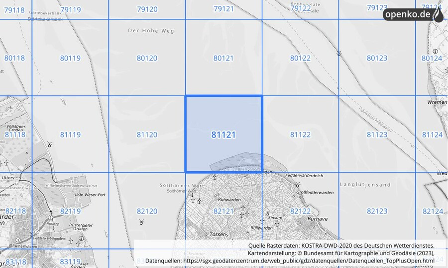 Übersichtskarte des KOSTRA-DWD-2020-Rasterfeldes Nr. 81121