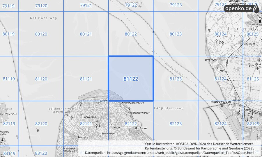 Übersichtskarte des KOSTRA-DWD-2020-Rasterfeldes Nr. 81122