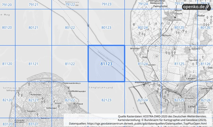 Übersichtskarte des KOSTRA-DWD-2020-Rasterfeldes Nr. 81123