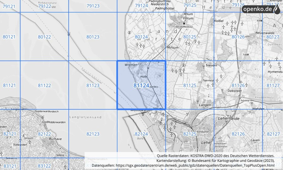 Übersichtskarte des KOSTRA-DWD-2020-Rasterfeldes Nr. 81124