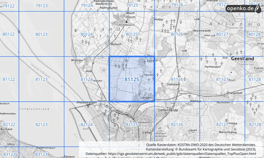 Übersichtskarte des KOSTRA-DWD-2020-Rasterfeldes Nr. 81125