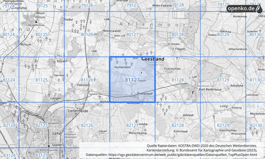 Übersichtskarte des KOSTRA-DWD-2020-Rasterfeldes Nr. 81127