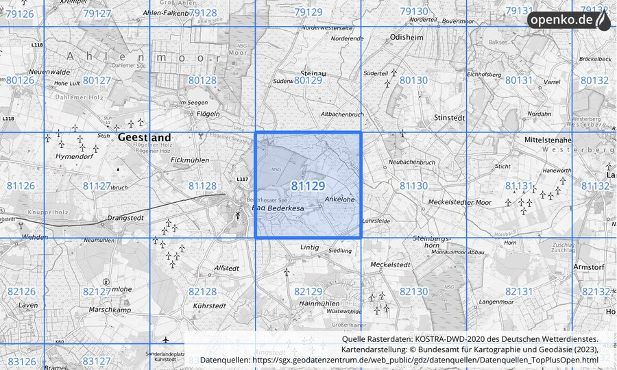 Übersichtskarte des KOSTRA-DWD-2020-Rasterfeldes Nr. 81129