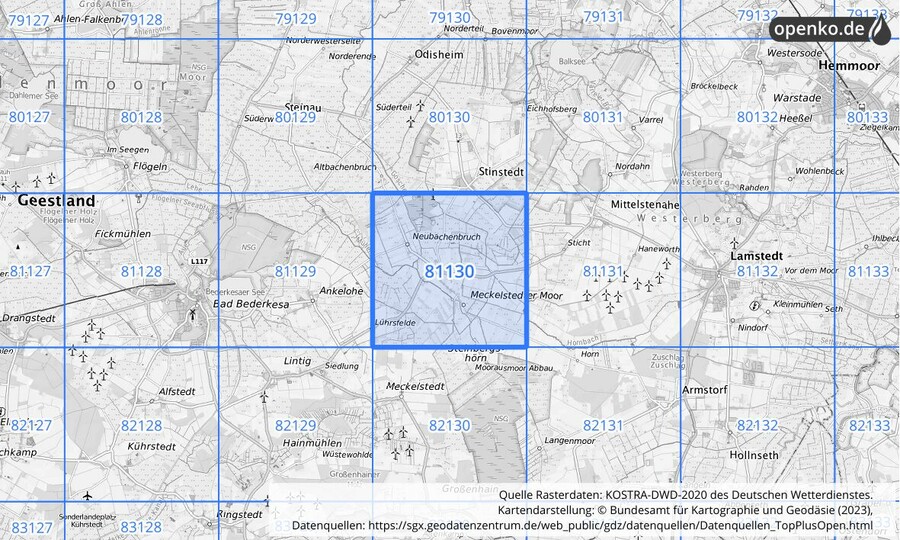 Übersichtskarte des KOSTRA-DWD-2020-Rasterfeldes Nr. 81130