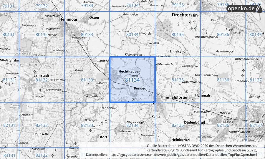 Übersichtskarte des KOSTRA-DWD-2020-Rasterfeldes Nr. 81134