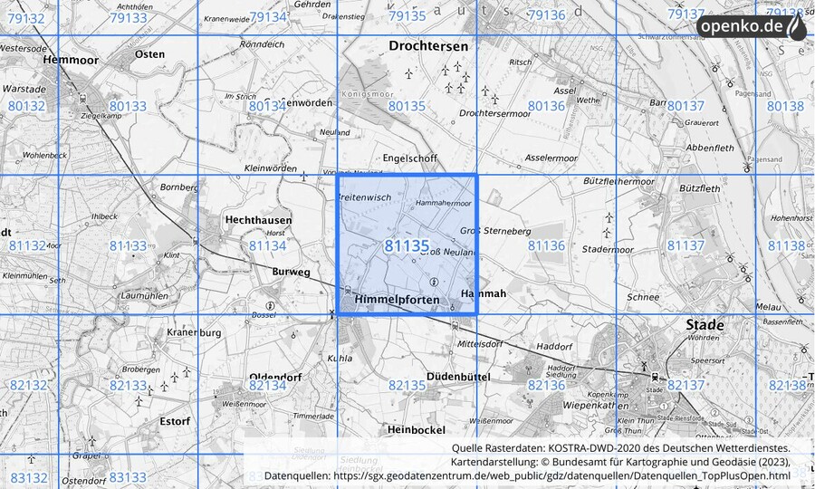 Übersichtskarte des KOSTRA-DWD-2020-Rasterfeldes Nr. 81135