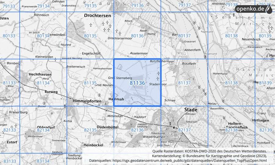 Übersichtskarte des KOSTRA-DWD-2020-Rasterfeldes Nr. 81136