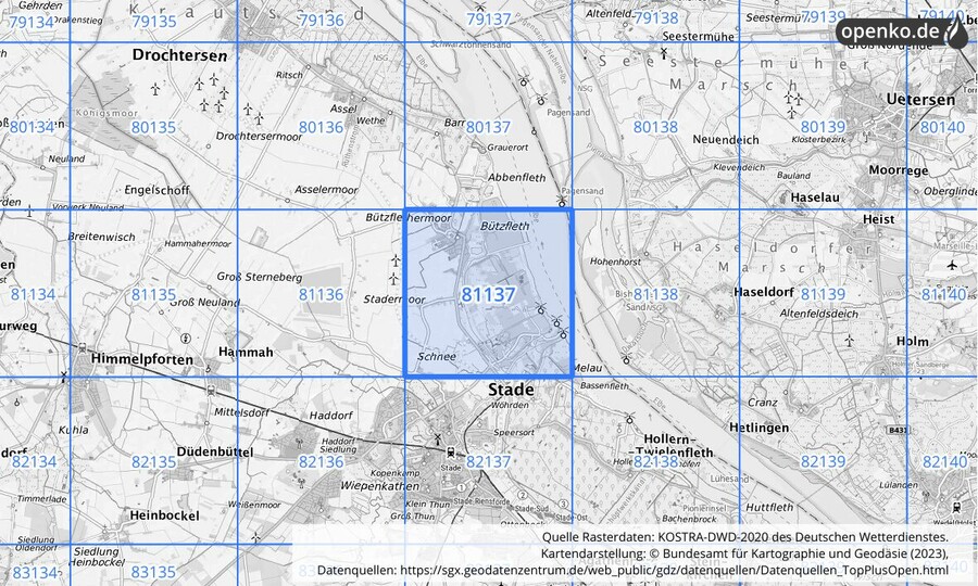 Übersichtskarte des KOSTRA-DWD-2020-Rasterfeldes Nr. 81137