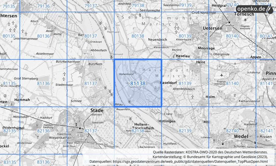 Übersichtskarte des KOSTRA-DWD-2020-Rasterfeldes Nr. 81138