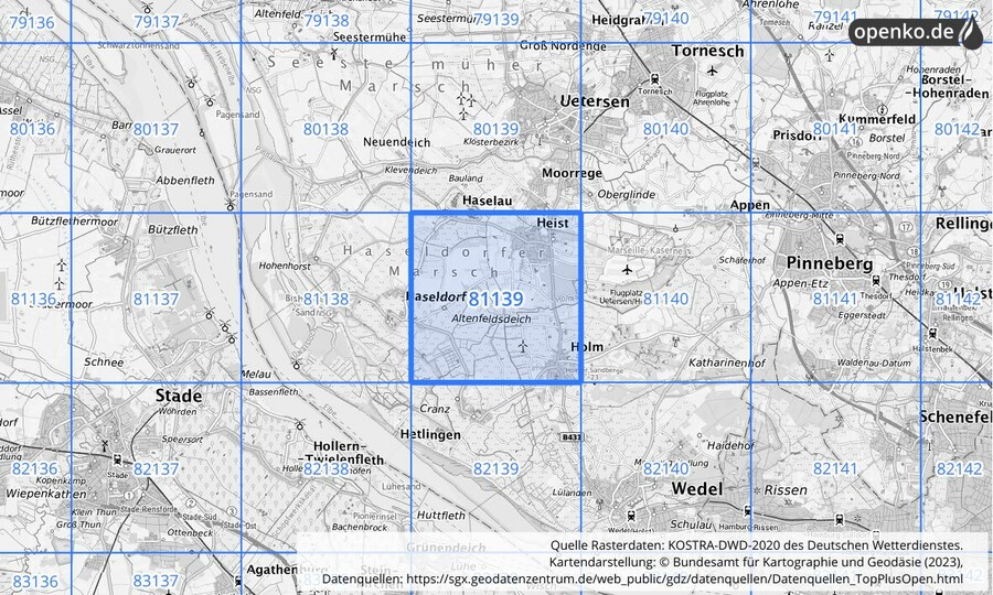 Übersichtskarte des KOSTRA-DWD-2020-Rasterfeldes Nr. 81139