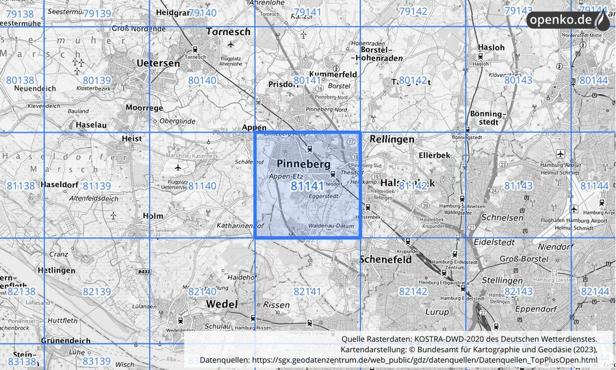 Übersichtskarte des KOSTRA-DWD-2020-Rasterfeldes Nr. 81141