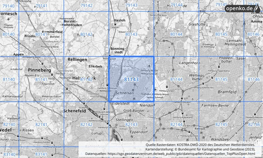 Übersichtskarte des KOSTRA-DWD-2020-Rasterfeldes Nr. 81143