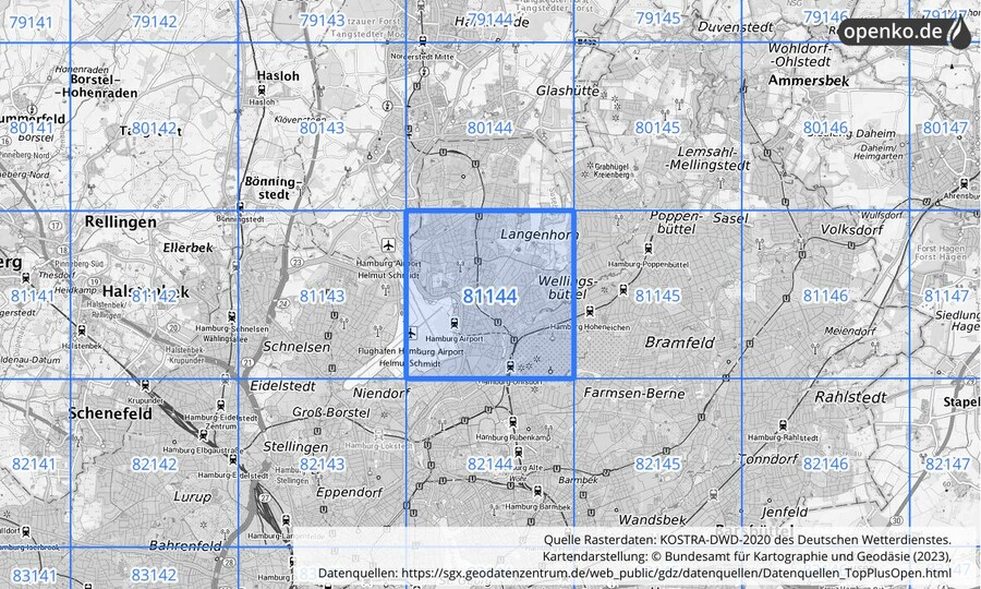Übersichtskarte des KOSTRA-DWD-2020-Rasterfeldes Nr. 81144