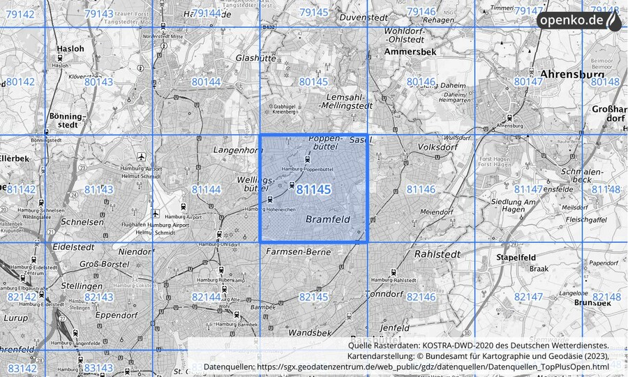 Übersichtskarte des KOSTRA-DWD-2020-Rasterfeldes Nr. 81145