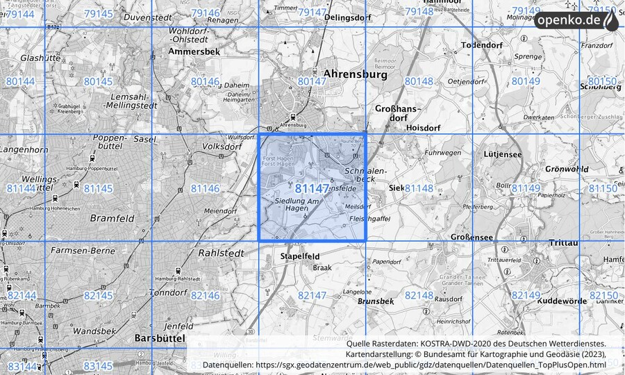 Übersichtskarte des KOSTRA-DWD-2020-Rasterfeldes Nr. 81147